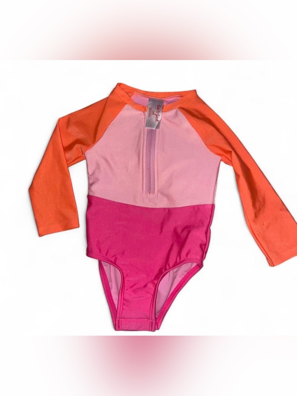 Cat & Jack kids baby one piece bathing suit orange pink front zip 18 months NWT